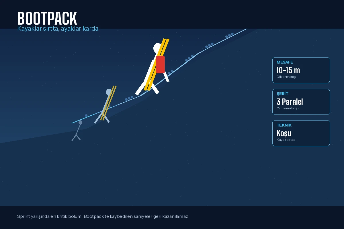 Dağ kayağı bootpack bölümü sporcular kayakları sırtta taşıyarak dik yamacı koşarak tırmanıyor 3 paralel şerit