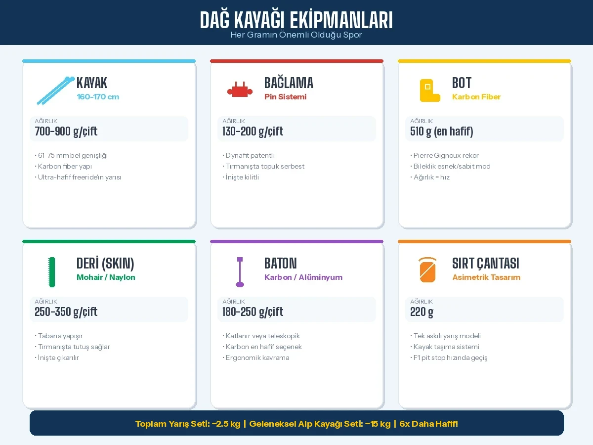 Dağ kayağı ekipmanları infografik kayak bağlama bot tırmanış derisi baton sırt çantası ağırlık ve teknik özellikler