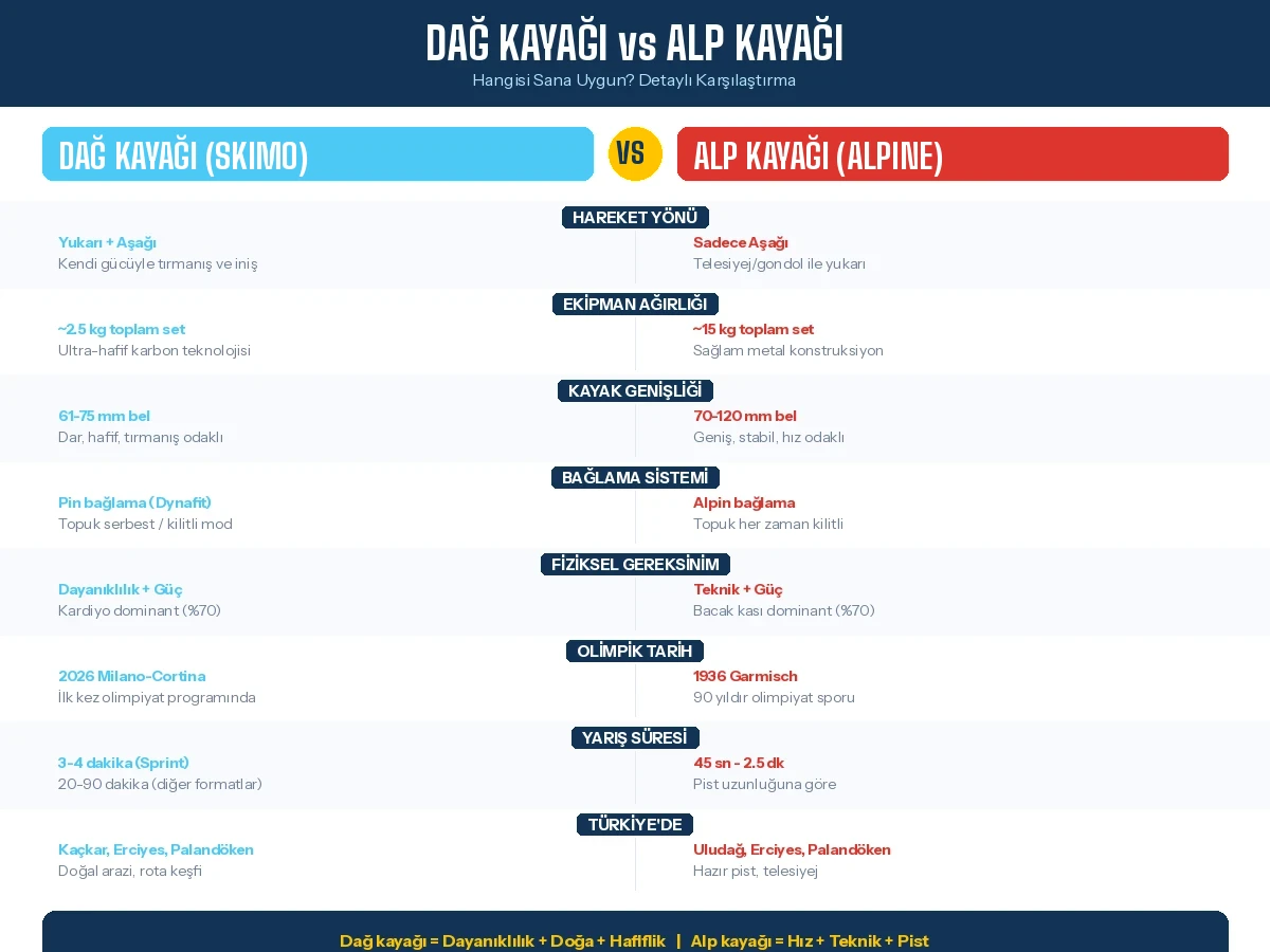 Dağ kayağı skimo vs alp kayağı alpine karşılaştırma infografik 8 kategori ekipman ağırlık olimpik tarih Türkiye rotaları