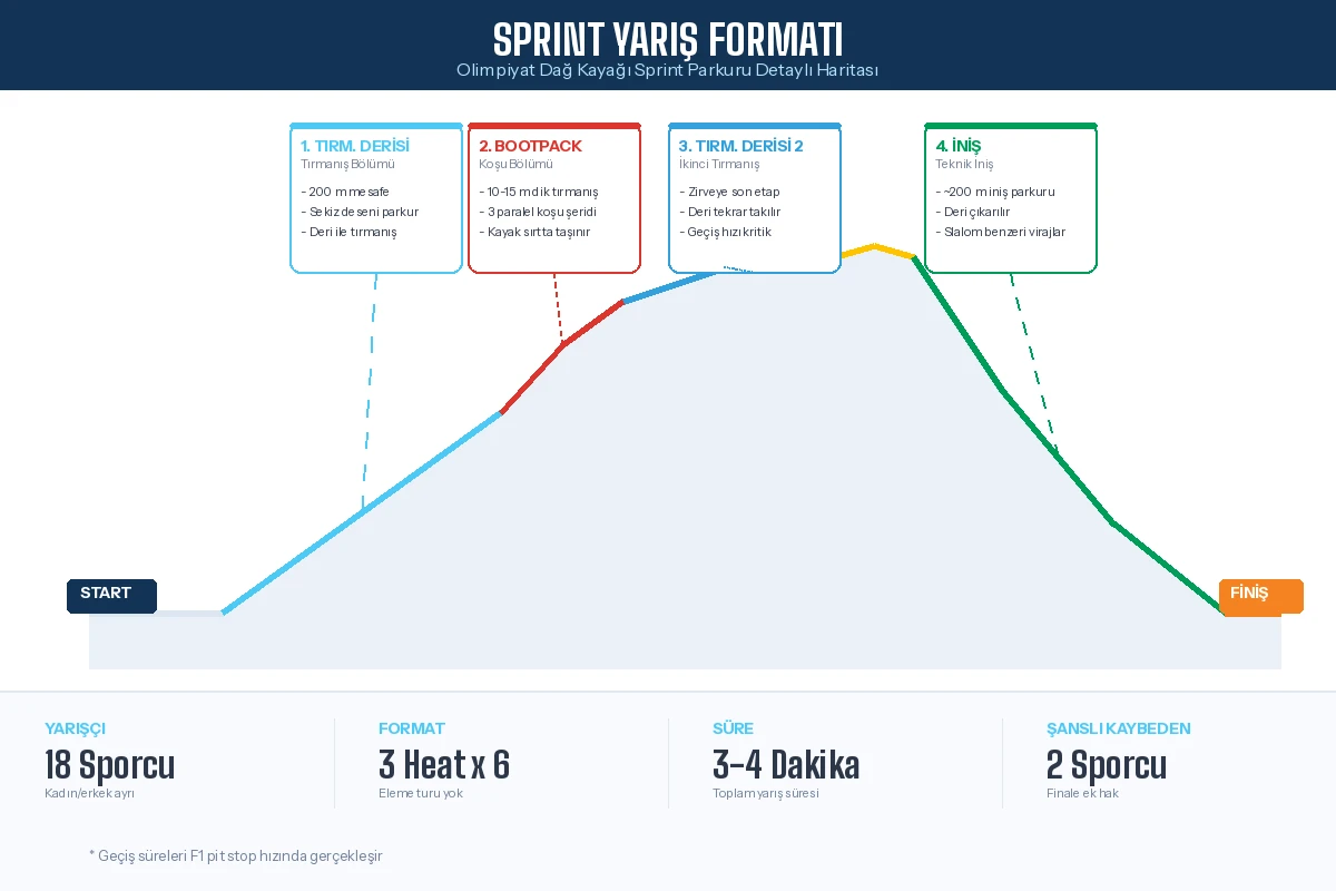 Dağ kayağı sprint yarış formatı parkur haritası tırmanış derisi bootpack iniş bölümleri ve yarış istatistikleri